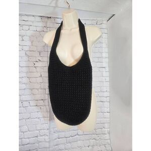 La Rue Womens Black Crotcheted Hobo Bag